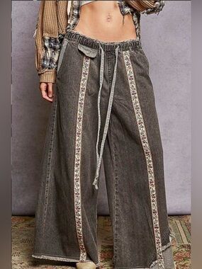 POL Patchwork Embroidered Wide Leg Pants Boho Festival Charcoal  Size L